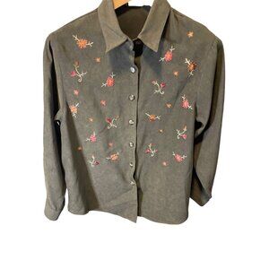 BonWorth Dark Green Corduroy Embroidered Button Up Collared Top Sz MP